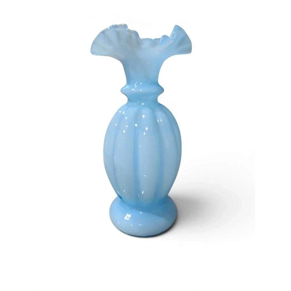 Vintage Blue Opalescent Milk Glass Melon Ribbed Ruffled Rim Vases Pair 8.5